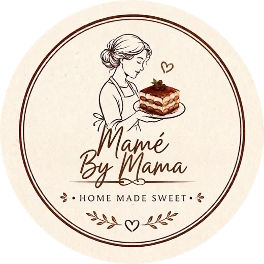Mamé by Mama logo: a woman in an apron holding a slice of tiramisu